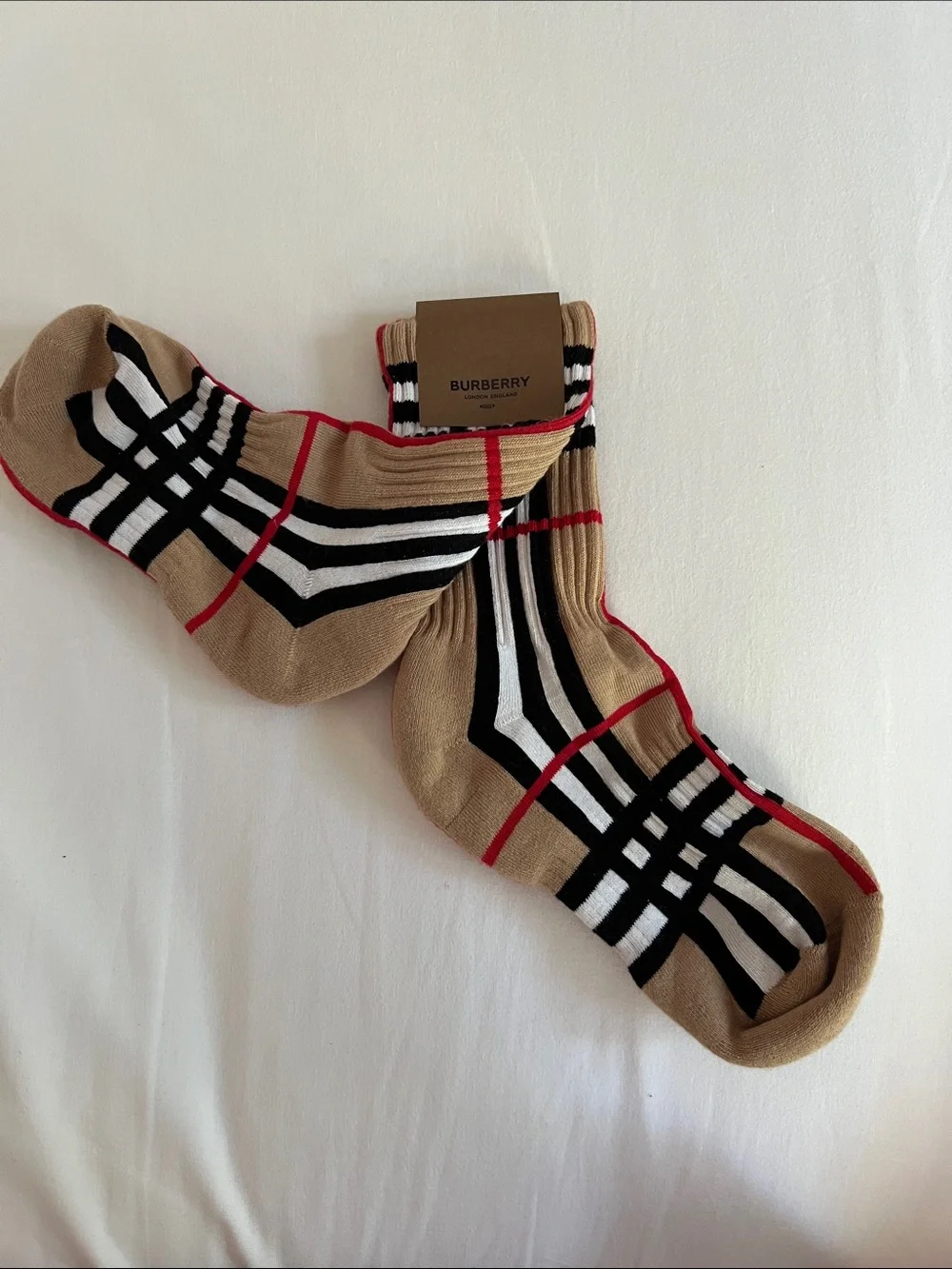Burberry Tan Crew Socks with Black, White and Red Stripes